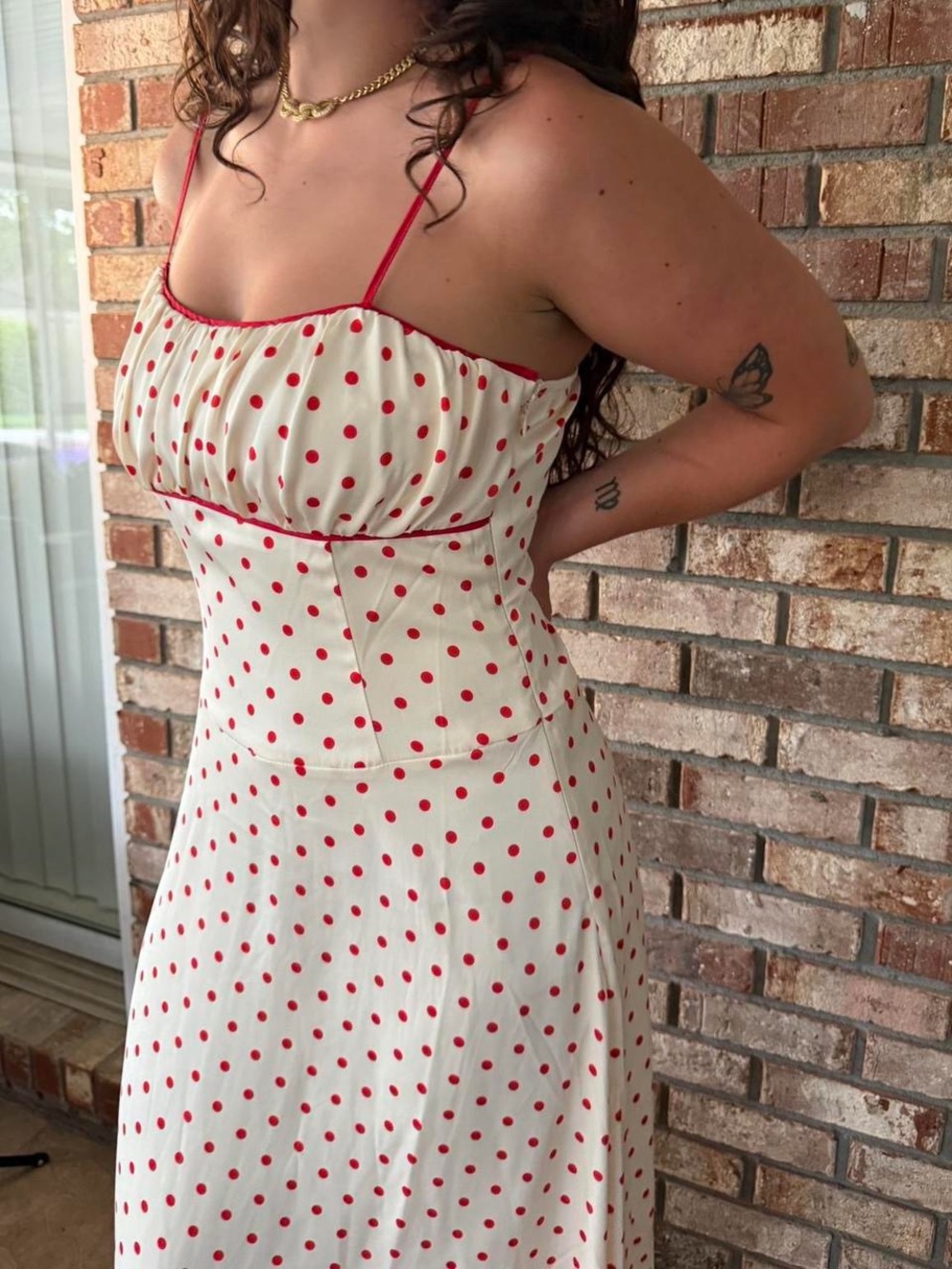Silky Feel Red Polka Dot Spaghetti-Strap Dress